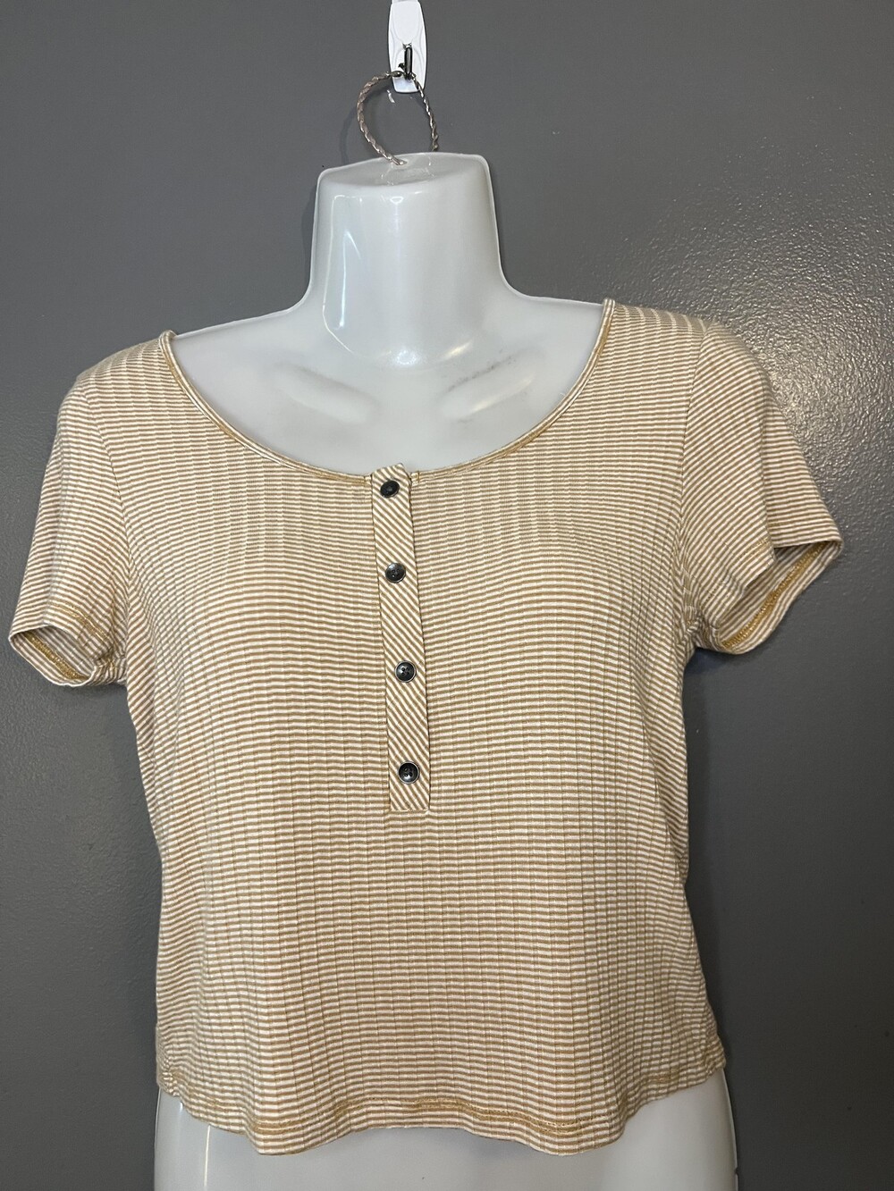 American Eagle Outfitters Shirt Womens Small Beige Stripe Button Front Cropped